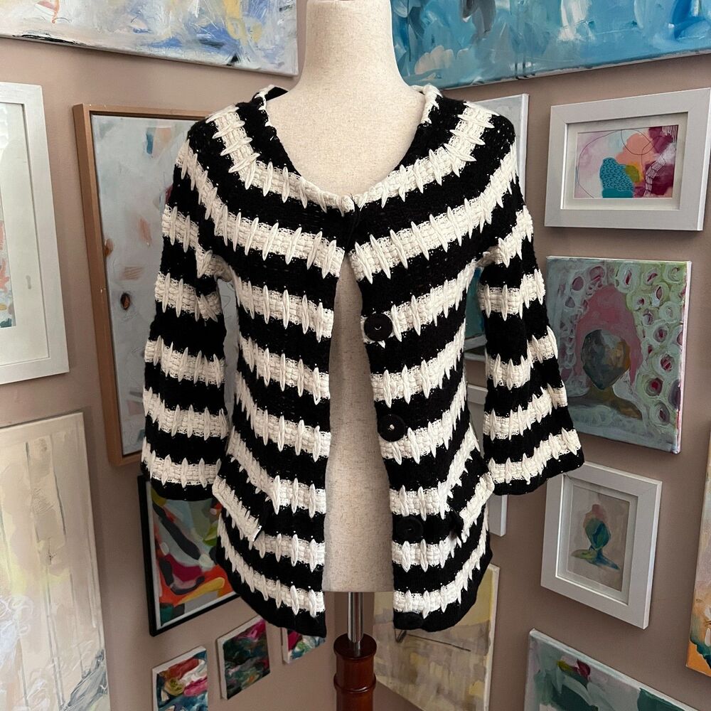 Anthropologie HWR Black Cream Striped Textured Knit Cardigan S Parisian Chic